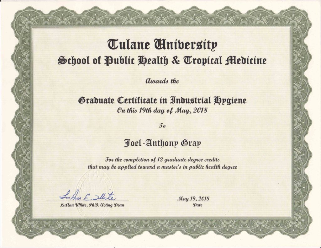 Tulane Industrial Hygiene Graduate Certificate Tropical Medicine Public Health